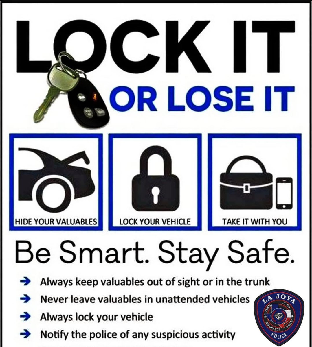 cityoflajoya's tweet image. The La Joya Police Department reminds everyone to “Lock It or Lose It”.
If you see any suspicious activity call our non-emergency line 956-585-4855
For emergencies call 911
#lajoyapolicedepartment
#communitycommitted
#lockitorloseit