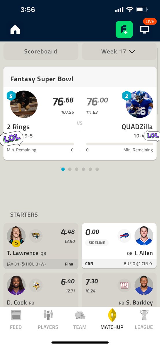IntrepidJason's tweet photo. @NFLFantasy how should this be handled for a championship, there was a lot of debating between the 2. https://t.co/2JxyrZGtWV