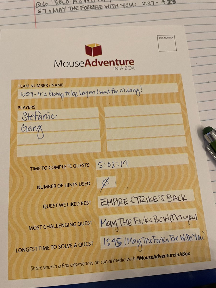 Hey, that was a fun #MouseAdventureInABox ! Box 7 was Star Wars themed, and we did ok with the questions as a casual SW fan. We are also happy to report that we didn’t make the same mistakes as we have previously done! Thanks <a href="/MouseAdventure/">MouseAdventure</a> <a href="/3rdG8Games/">Third Gate Games</a> for another fun game!