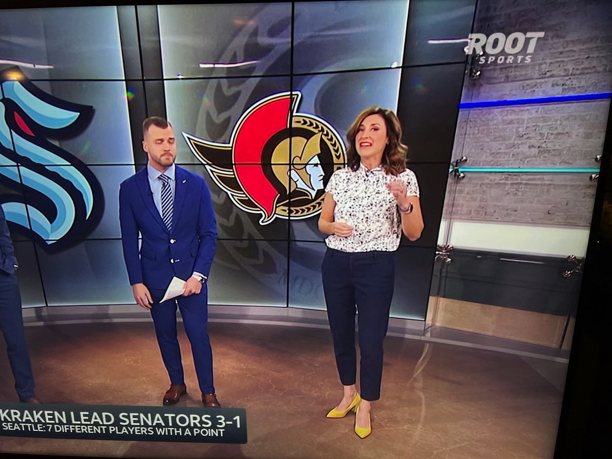 Scott_Parks_'s tweet photo. Group-watching the @SeattleKraken game and we're all in agreement ... @AlisonL nailed it tonight with the slacks, smart top and the pop with shoes.  ❤️ https://t.co/pg3SIa0oX6