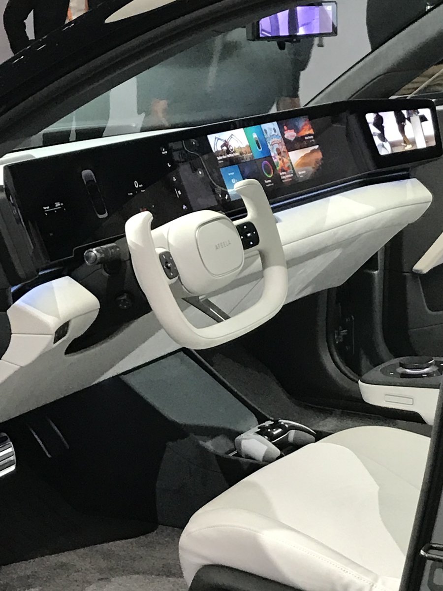 askpdt's tweet photo. .@Sony and @Honda are making forward progress in the EV space with its #AFEELA concept car: clean #design, inside and out. We should see this on the road in a few short years. #CES2023 #PDTCES https://t.co/HtwYzUNYAI