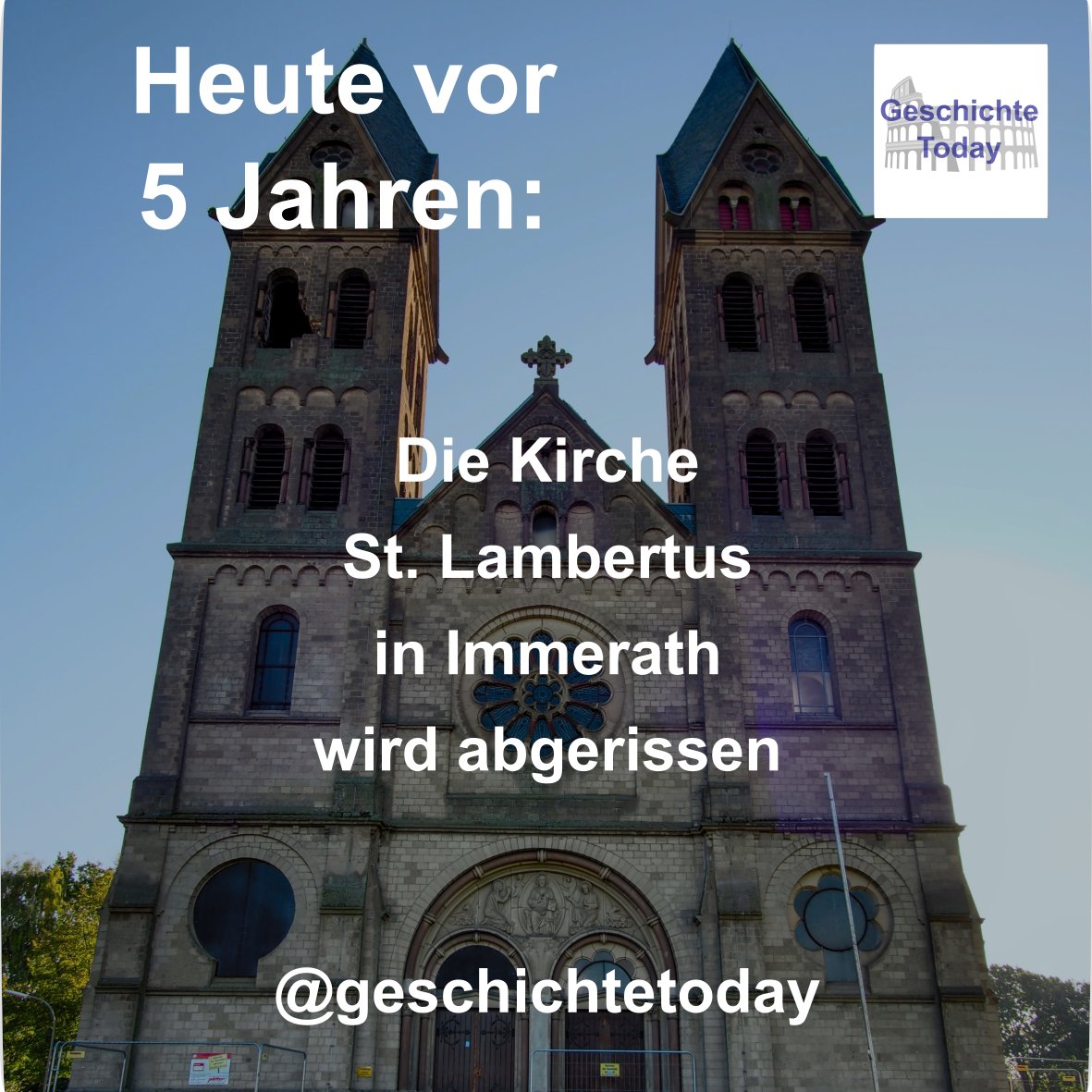 geschichtetoday's tweet photo. Am 8. Januar 2018, heute vor 5 Jahren, wurde die Kirche St. Lambertus im Zuge der Umsiedlung Immeraths zugunsten des Braunkohletagebaus abgerissen.

#geschichte #historisch #heutevor #geschichtetoday #kirche #immerath #braunkohle #luetzerath  @AlleDoerfer @rwe_AG @RWE_Presse https://t.co/jpZR6rCaHj