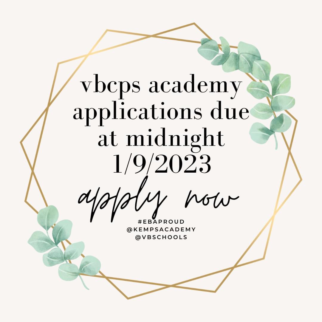KempsAcademy's tweet photo. This is it! Academy Applications for the 2023-24 school year are due at midnight on 1/9/23! Don't miss out and be sure you have applied and submitted your application to have an opportunity to be a part of the EBA! Apply online: https://t.co/k7MnhjH9mW #ebaproud https://t.co/kOLAfV6v0T