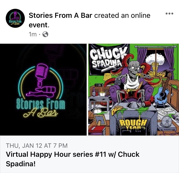 StoriesFAB's tweet photo. First Virtual Happy Hour of 2023🍻Hanging w/ Canadian punk rockers @ChuckSpadina22! My education in all things Canada continues while we talk music, their album Rough Year, 2023, and any else that comes up!
#StoriesFromABar #ChuckSpadina #RoughYear #PunkRock #HappHour https://t.co/3rhjzSxP8y