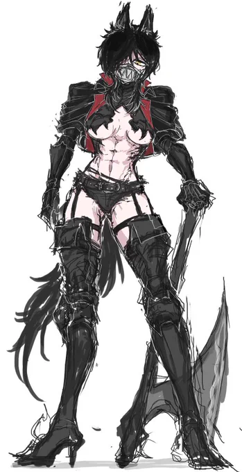 PFSOZは女キャラでやろうかという案もあって、その場合は前に落書きしたコイツだった。見た目はクールだけど中身はだらしないワーウルフの19歳不良娘。奔放でバラルをブラブラしては酒とか奢ってもらう、ミーハーで舞奏聖女や吟遊詩人に突っ込んでていつも金が無い。 