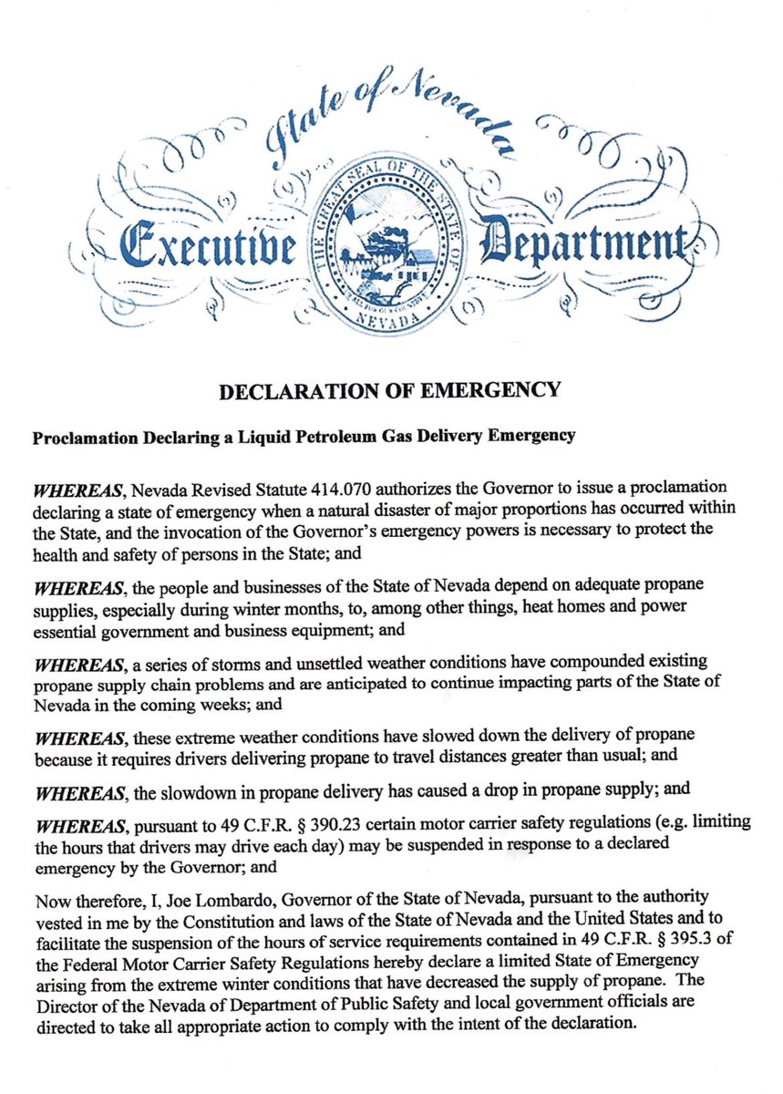 Thank you to <a href="/JosephMLombardo/">Governor Joe Lombardo</a> his team, <a href="/FMCSA/">FMCSA</a> and <a href="/NVStatePolice/">Nevada State Police</a> for ensuring that our truck drivers have extended time to deliver propane ahead of the expected storms. fmcsa.dot.gov/emergency/neva…