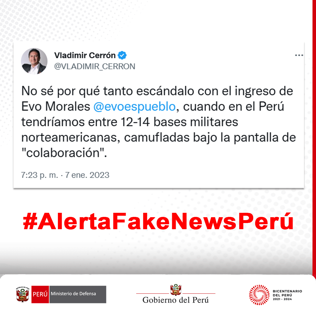 MindefPeru's tweet photo. ❌Es falso que existan bases militares de los Estados Unidos en territorio peruano.

🚨Desde el Mindef continuamos alertando a la ciudadanía y pedimos que nos ayuden a evidenciar noticias falsas. #AlertaFakeNewsPerú https://t.co/oQYqxGWn4h