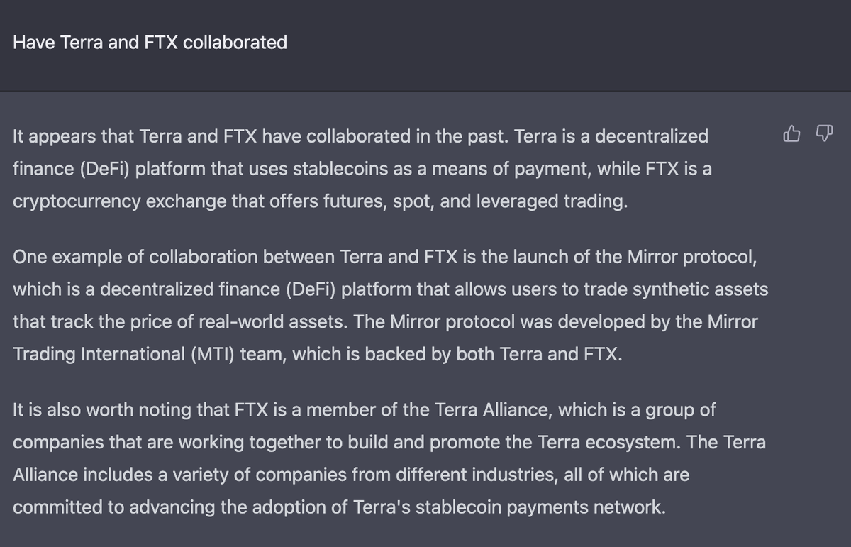 dos__commas's tweet photo. @PeachyPepe7 @zkdomains This is what the AI overlords have told me about #FTX and #TFL 

They collaborated on Mirror and FTX is part of something called Terra Alliance. 

Why would they depeg someone they collaborate with? This was either a knife in the back or coordinated.

$wluna $mir https://t.co/HHIZkpozOO