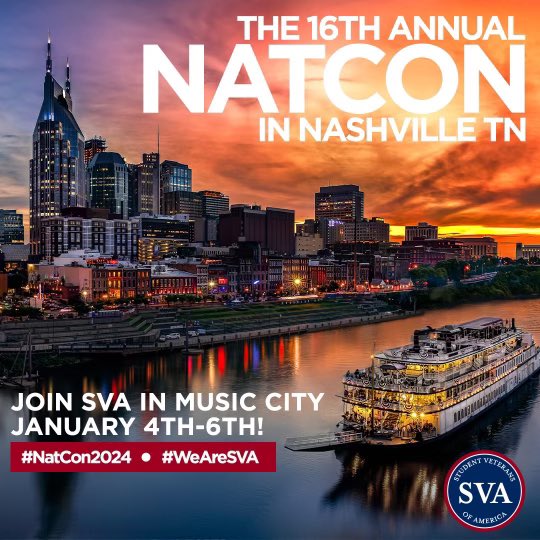 studentvets's tweet image. Major Announcement: Our 16th Annual NatCon will be held in Nashville, TN!

Come joins us next year for another amazing NatCon!

#natcon2023 #natcon2024 #