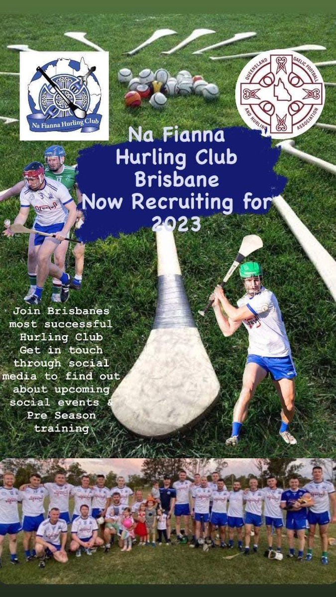 The 2023 season is here and we are looking forward to getting going soon. If you’re new to Brisbane, keen to play some hurling and have great craic then send us a DM. 
Training will resume shortly for the Pearce’s 7s in Melbourne. 
#NaFianna #Hurling #irishinbrisbane