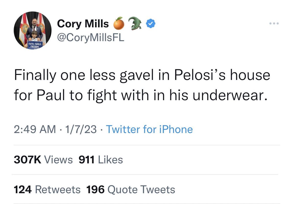 Wtf makes someone this fucking awful? @CoryMillsFL #CoryMills #SpeakerVote #SpeakerVotes #Speakerofthehouse #Pelosi #PaulPelosi