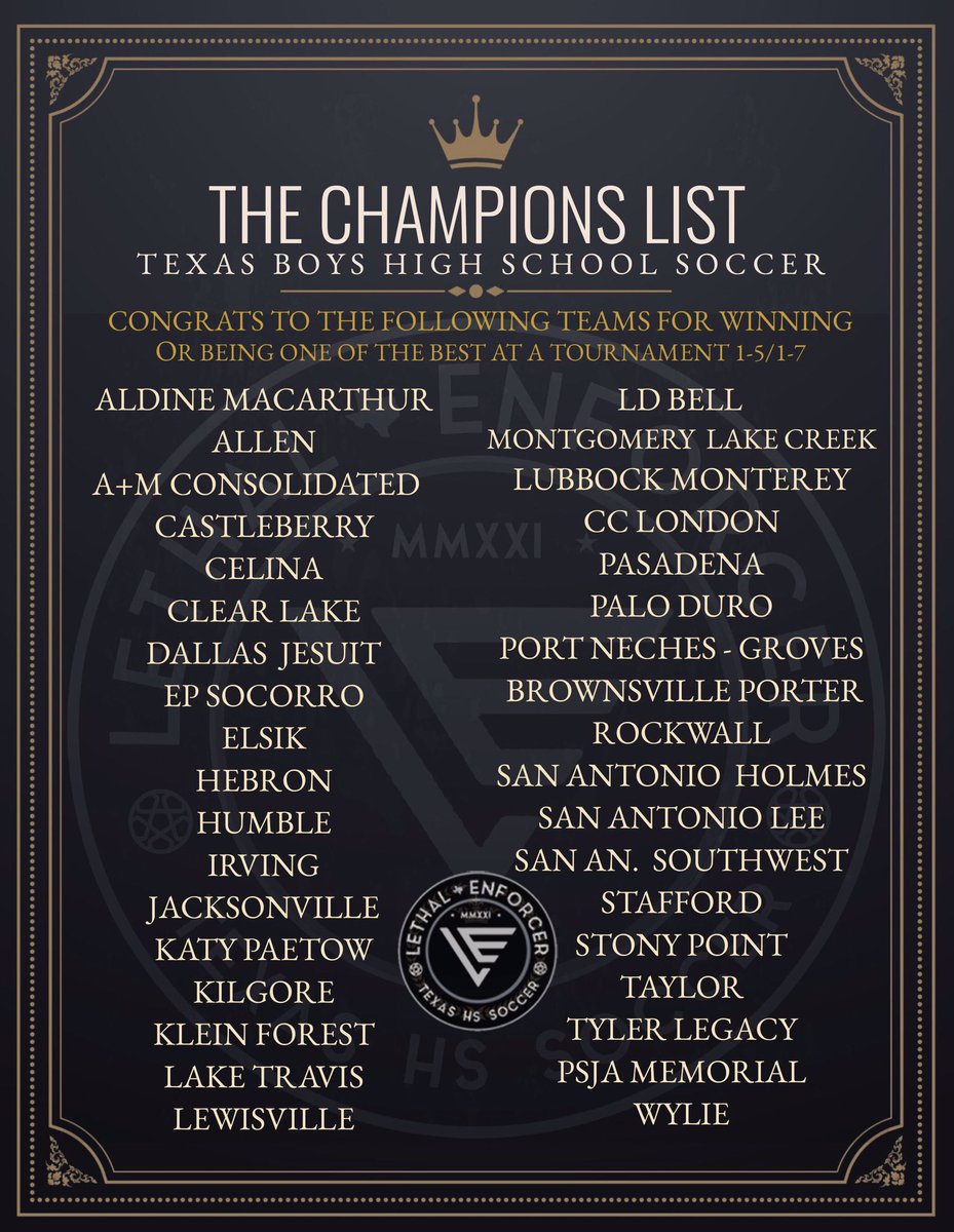 Lethal Enforcer Texas HS Soccer on Twitter "🏆𝙏𝙝𝙚 𝘾𝙝𝙖𝙢𝙥𝙞𝙤𝙣𝙨 𝙇𝙞𝙨𝙩 🏆