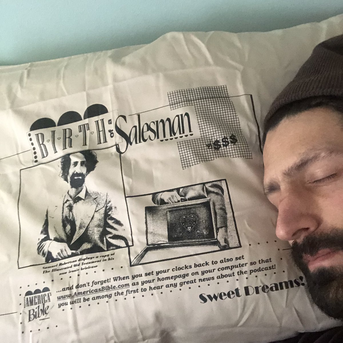 samrobertsonart's tweet photo. Everyone, listen! I need your help to make this the first pillowcase post in 2023 to go viral on twitter. Some still available, screenprinted by friends in Minneapolis, limited edition. DM if interested. $50 - it is going towards funding my upcoming podcast ‘Birth of a Salesman’ https://t.co/i2MrxAsLlA