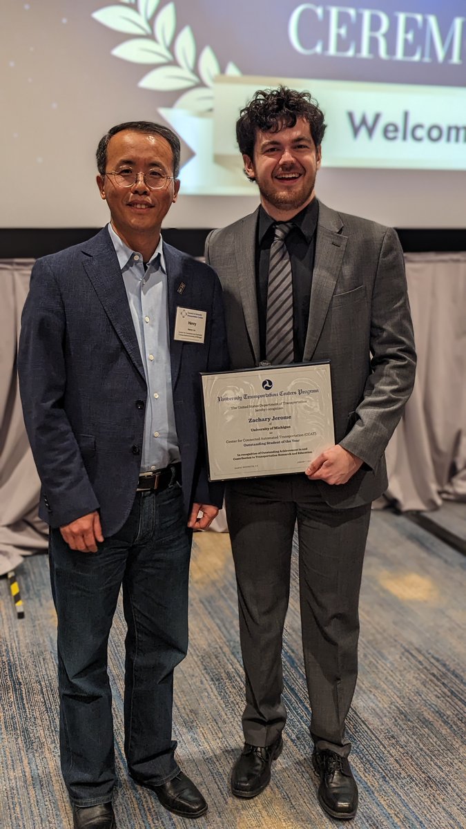 Congratulations to Zachary Jerome, a Ph.D. student under Professor Henry Liu and President of the Michigan Transportation Student Organization (MiTSO) for being named the CCAT Student of the Year at the <a href="/CUTCResearch/">CUTC</a> Awards Banquet!

Learn more: myumi.ch/kxwPG
#TRBAM