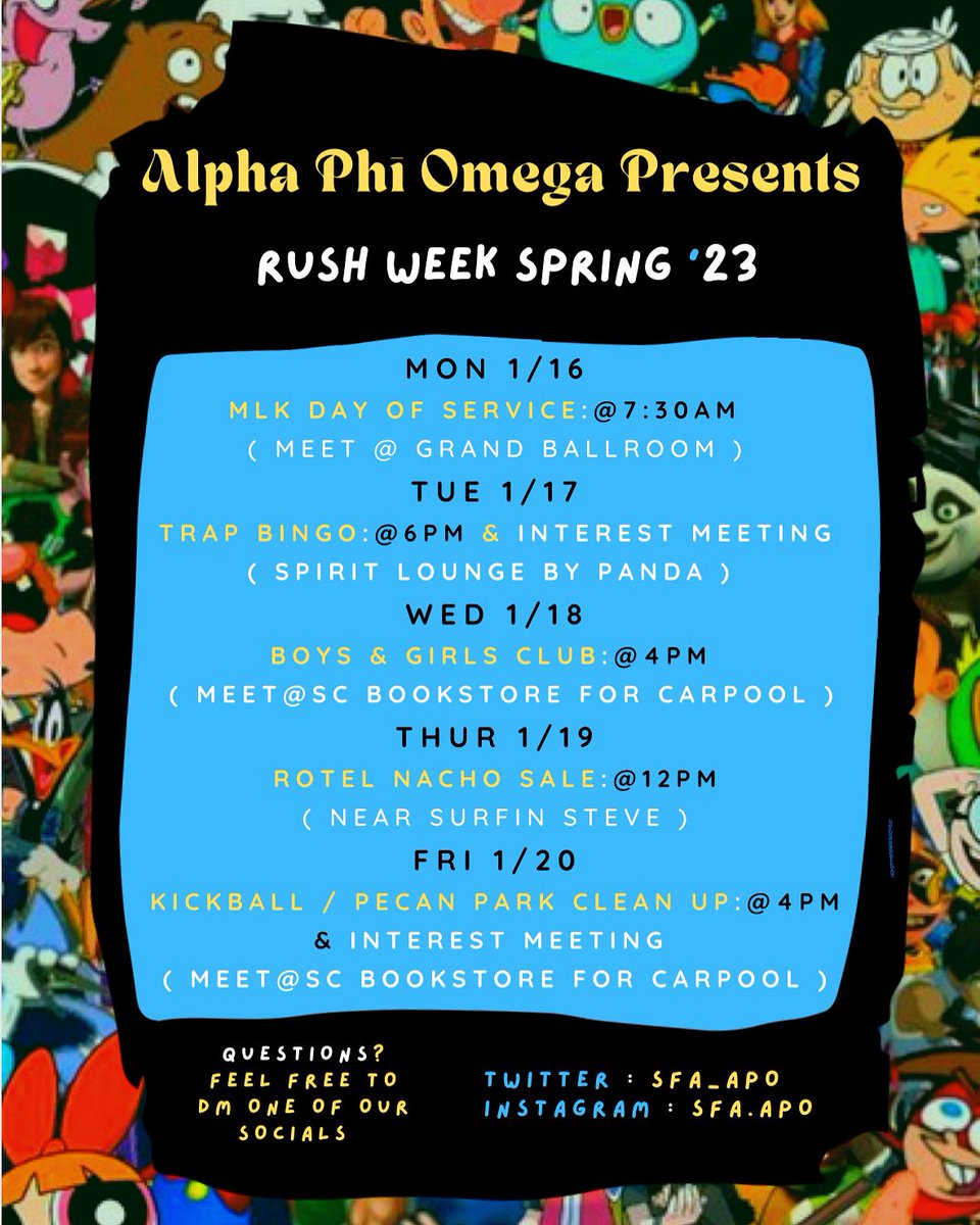 SFA_APO's tweet photo. Here’s a little peek at our Rush Week events coming up 📺 👀👀 Hope to see you there!💙💛 #mwab
•
•

#apo #alphaphiomega #big1925
#ap01925
#ap01925
#franksflyest #frankreedhorton
#frankskids #mwab #Ifs #sfa #sfa25
#sfa26 #rushweek #lumberjacks #sfasu
#greeklife #nusigma https://t.co/w82F1FIrw2