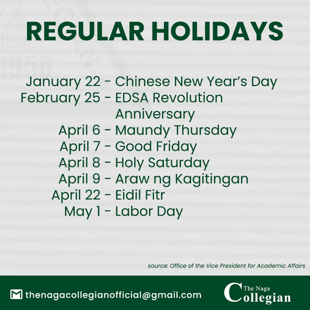 nagakule's tweet photo. Heads up Tigers!

As the 2nd semester of the academic year 2022-2023 kickoff, prepare yourselves and mark your calendars for the upcoming regular holidays and schedule of examinations.

Meanwhile, the start of classes for the undergraduate level will begin this January 16. https://t.co/r9pf6NXRJ9