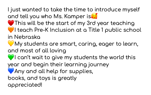 ali_kamper's tweet image. Any support is welcomed and appreciated🥰
❤️NE Pre-K Inclusion teacher in a Title 1 school.
🧡I'm one of the first teachers these kids will have to start the learning journey☺️
#kidsneedbooks
#clearthelist #Johnclearmylist 
@amazon @tmobile #MagentaMagic
 amzn.to/2AVq7Vq