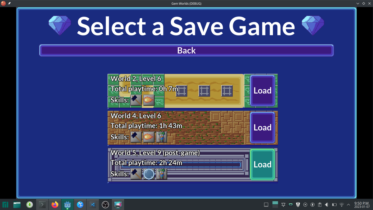 deengames's tweet photo. #GemWorlds launches in nine days on January 16th! Meanwhile, here are a couple of screenshots of recent improvements:

- Keyboard/gamepad support for UI
- A "post-game" note on completed saves
- Menus broken up by section

Wishlist: https://t.co/DdEVbCPeqq

#ScreenshotSaturday https://t.co/n8MnaizSSv