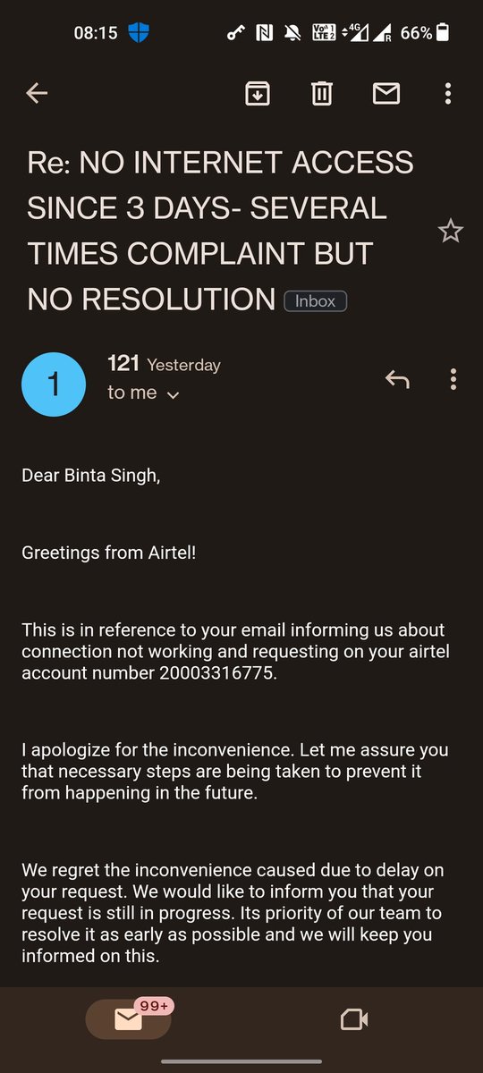 vinitadsweet's tweet photo. #Airtel #airtelbroadband #internet  #airtelthanks  #Airtel5G #Airtel 
I raised ticket on 2 jan 2023 due to no internet Access,today is 8 jan 2023 didn't get any resolution..Airtel are you giving me free service? Or paid service..y its taking too long to resolve my issue. #Airtel https://t.co/Ie3oUQDav5