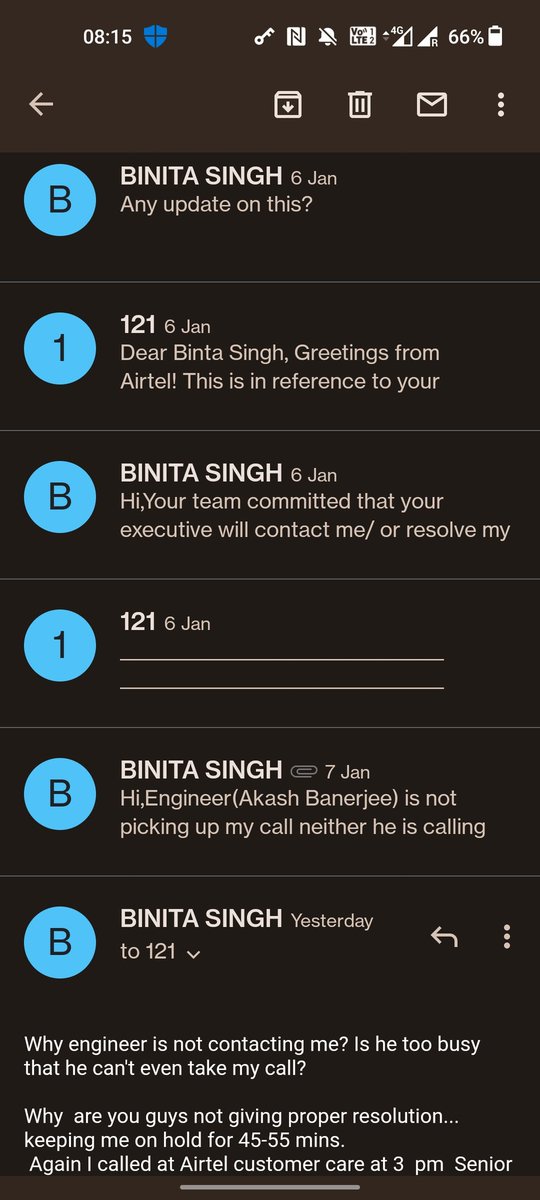vinitadsweet's tweet photo. #Airtel #airtelbroadband #internet  #airtelthanks  #Airtel5G #Airtel 
I raised ticket on 2 jan 2023 due to no internet Access,today is 8 jan 2023 didn't get any resolution..Airtel are you giving me free service? Or paid service..y its taking too long to resolve my issue. #Airtel https://t.co/Ie3oUQDav5