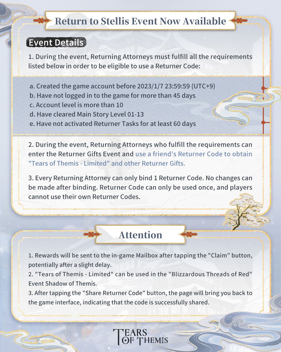 TearsofThemisEN's tweet photo. ✦ Returner Gifts Event ✦

Event Period: 
2023/1/12 11:00 - 2023/2/2 04:00 (UTC+9)

Participate to obtain "Tears of Themis - Limited" and other Returner Gifts! Check the images for more event information.

#TearsOfThemis
#BlizzardousThreadsOfRed https://t.co/K6stxDbGtV