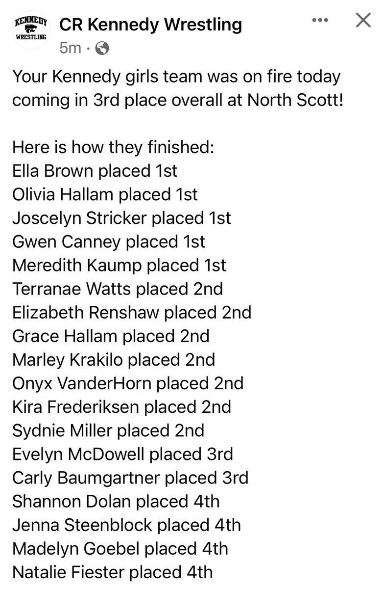CR Kennedy (@crcougars) on Twitter photo Results from North Scott and today’s girls wrestling tournament. Great day ladies!
<a href="/girls_kennedy/">Kennedy Girls Wrestling</a> Results from North Scott and today’s girls wrestling tournament. Great day ladies!
<a href="/girls_kennedy/">Kennedy Girls Wrestling</a>