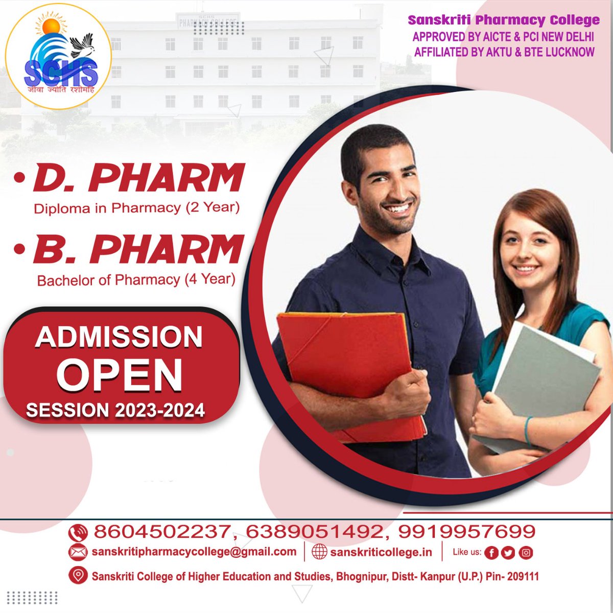 CollegeSchs's tweet photo. Are you looking for B.Pharm, D.Pharm ?
Sanskriti Pharmacy College is one of the Best Pharmacy College in Uttar Pradesh.
Admission Open for Session 2023-2024
Enroll Now | Limited Seats 
#Admission #Open 
For any queries contact 📞: 8604502237, 6389051492, 9919957699
#Schs https://t.co/I2fdQeVbkd