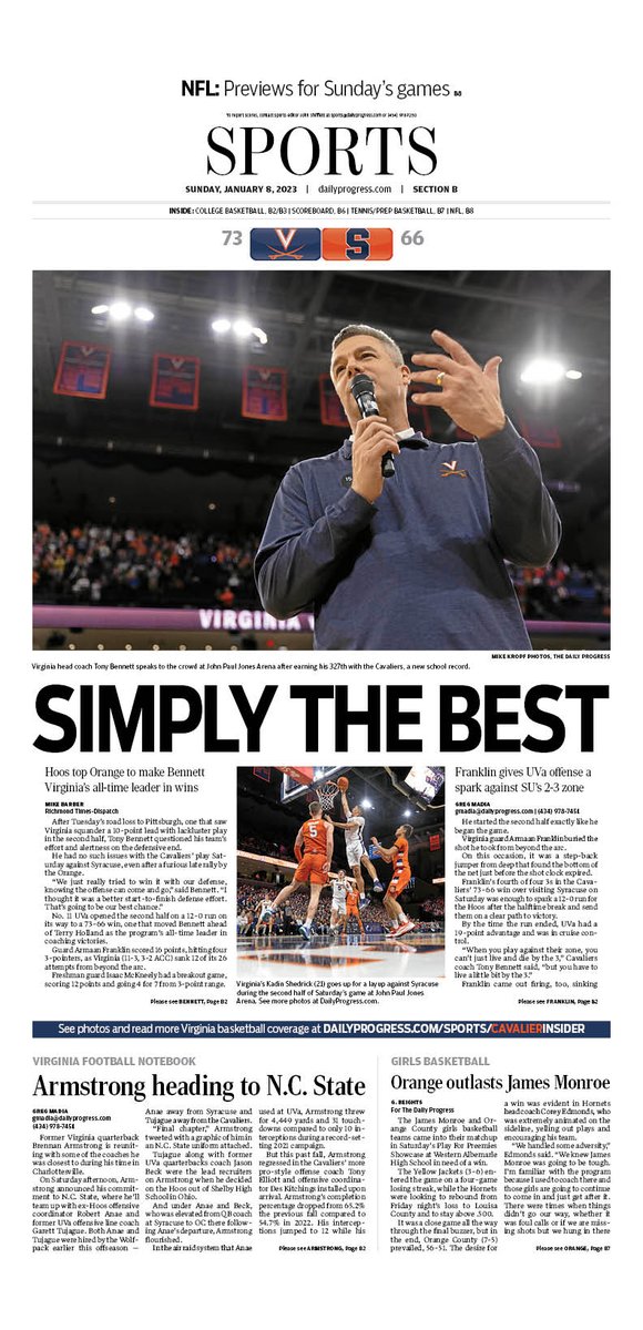 Early look at Sunday's @DailyProgress sports front. #UVa tops Syracuse as Tony Bennett becomes the program's all-time wins leader. 
* Game story: https://t.co/07MjZK9cj9
* Armaan Franklin provides spark: https://t.co/s5eIx6cSP3 
* Photos: https://t.co/t57mP5GeSb https://t.co/7W2g4fijek