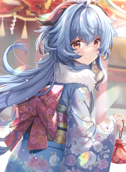ganyu (genshin impact) 1girl japanese clothes kimono solo horns long hair blue hair  illustration images