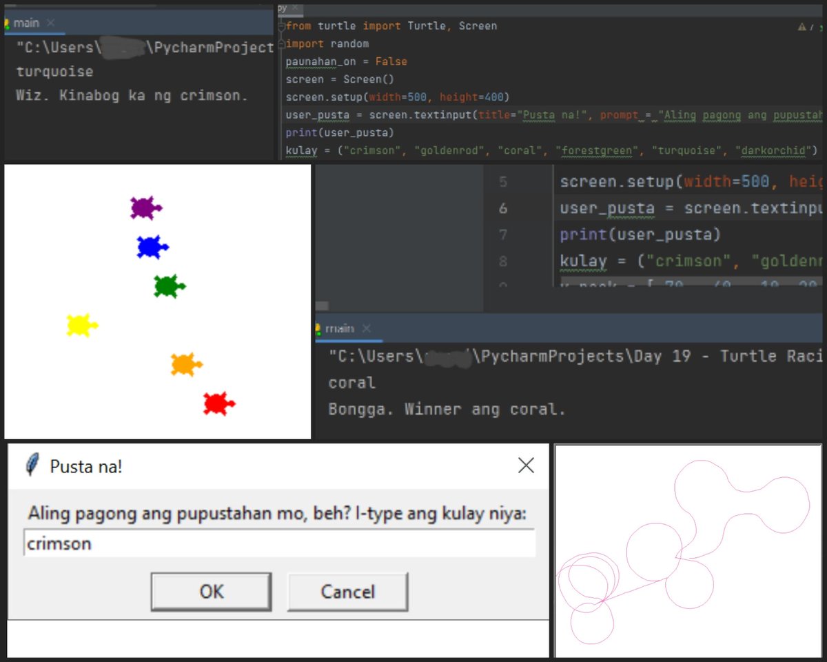 debbiesoria's tweet photo. Pagong, pagong, &amp; more pagong yesterday w/ day 19's lessons on instances, state, &amp; higher order functions using turtle graphics.🐢 

Overall it was fun &amp; easy w/ just one challenge--an etch-a-sketch app--before the project of the day: a turtle racing game. #100DaysOfCode #Python https://t.co/mguxeNrrSB