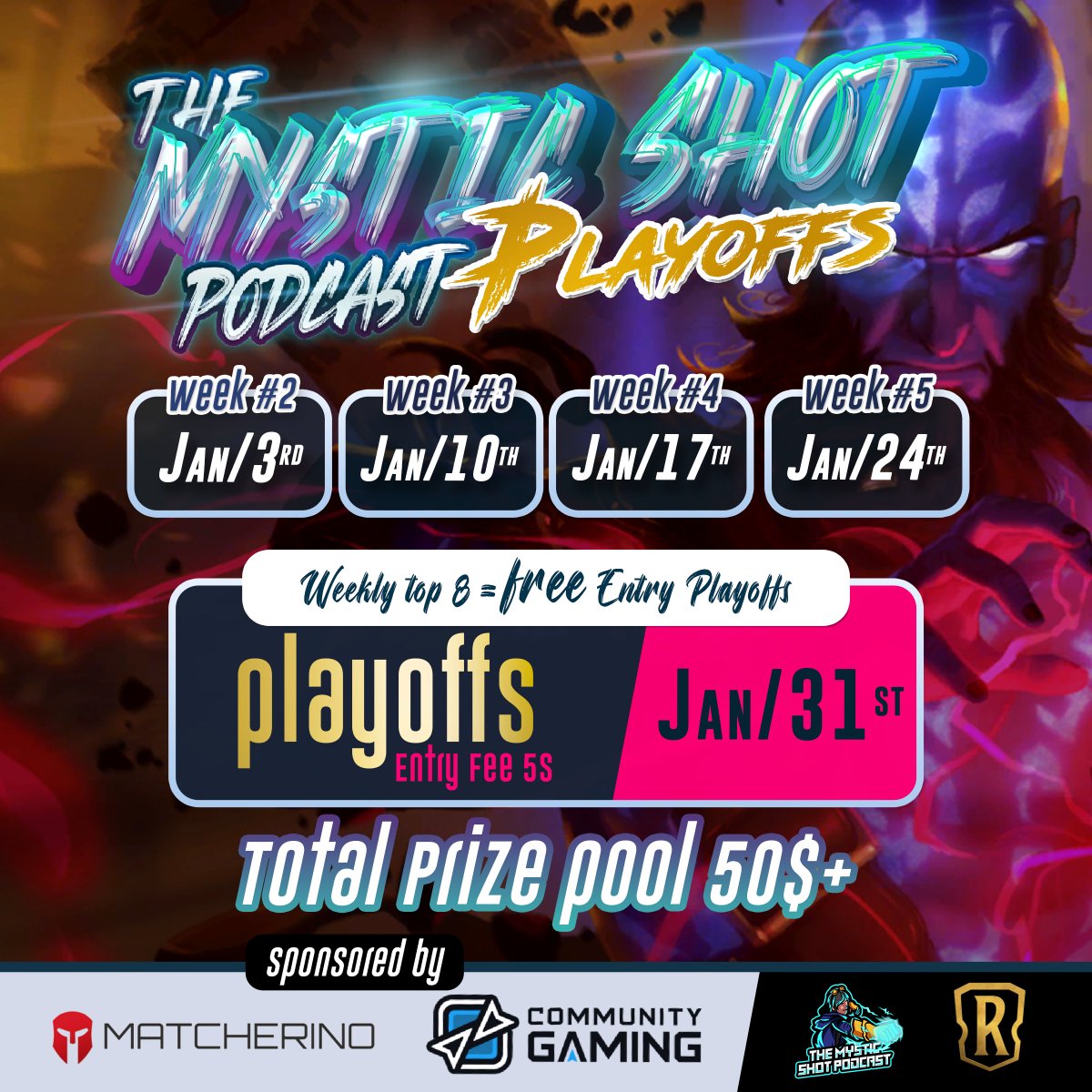 MysticShotCast's tweet photo. Sorry to post this so late but these are all the Mystic Shot Tournaments for the rest of the month. Will be most by @wetheppls ofc. Also will leave the link down below to the one coming up next week. Thanks to @BlackBurmaLOR for making the graphic! https://t.co/ZRpxnTNaRO
