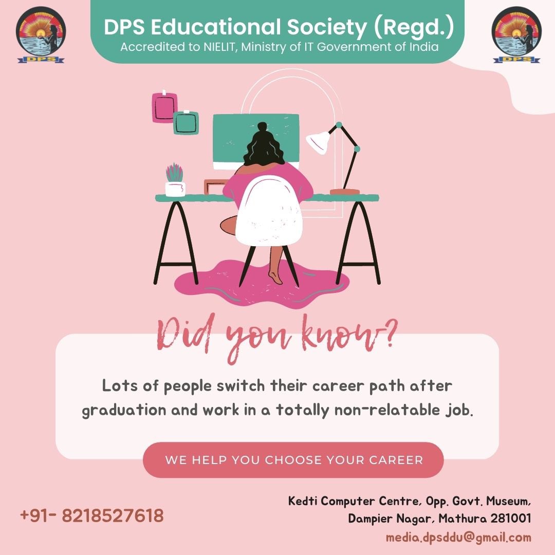 dps_society's tweet photo. Did you know?
Lots of people switch their career path after graduation and work in a totally non-relatable job.
WE HELP YOU CHOOSE YOUR CAREER

+91- 8218527618 or write us at media.dpsddu@gmail.com or visit us at Kedti Computer Centre, Opp. Govt. Museum, Dampier Nagar, Mathura https://t.co/2f4VyZFZRd