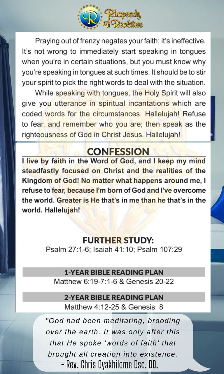 RhapsodyDaily's tweet photo. #ROR 𝐓𝐨𝐝𝐚𝐲! 🤗
🔴 THEME: NEVER GET FRANTIC
https://t.co/2FWiHofOgY

🗓️ SUN, 8TH JAN 2023
The Scriptures show us how to respond when we’re confronted with challenges. Always, the Lord tells us not to fear. Never get frantic or flustered. 
-PASTOR CHRIS ✍️ https://t.co/ybhUKV6pEP