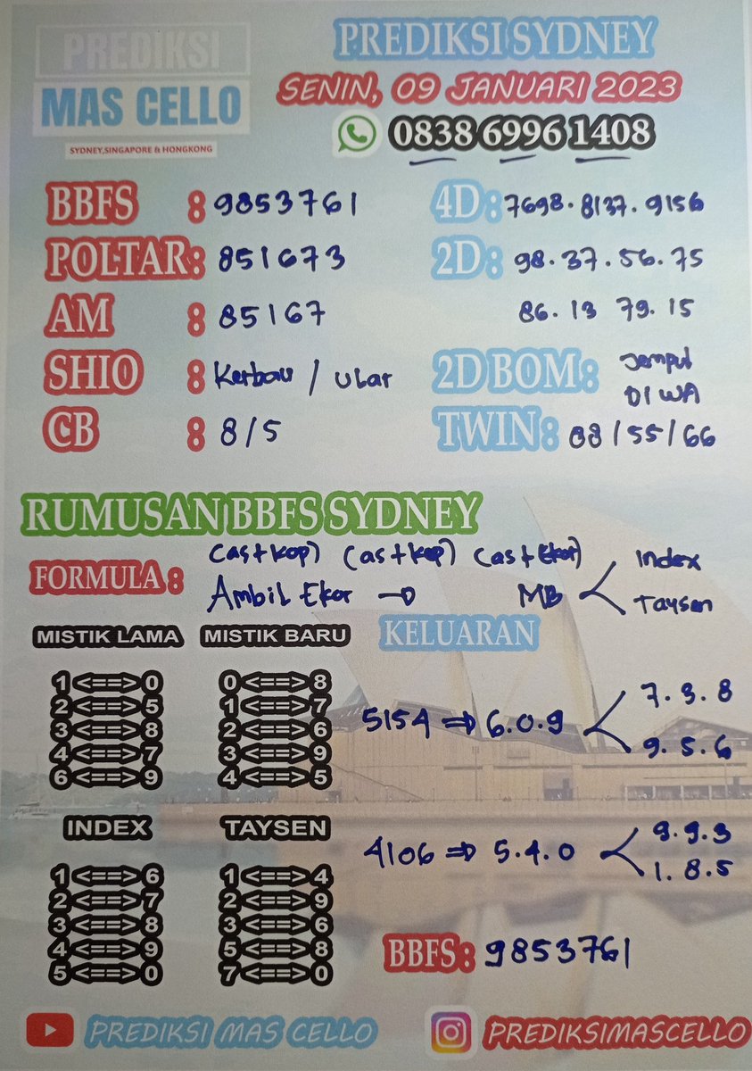 prediksimas's tweet image. PREDIKSI SYDNEY SENIN 09 JANUARI 2023 BOM dan angka lain bisa langsung jemput di W-A 0838 6996 1408 GRATIS #GirlGroups #boygroups #MilAdzana18 #Sydney #togeljitu #prediksi #TogeLovers #togelonline #bocorantogel #togelterpercaya #pastijp