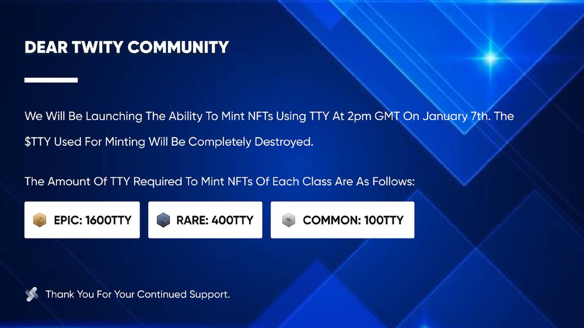 ouyang64037759's tweet photo. Featuring Twitter marketing to earn money @twity_official, using 80% of the advertising fees to repurchase $TTY. Users can earn advertising dividends by tweeting. From today on, $TTY can be used to mint NFT, and all the $TTY used for minting will be destroyed. https://t.co/Cv5r2uTvl8