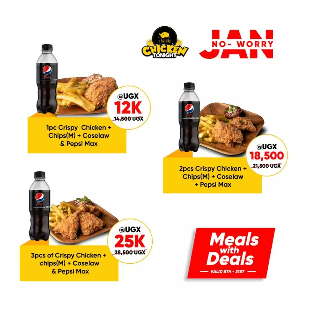 Chicken2nite_Ug's tweet photo. Let's turn your Jan-worry to Jan-No-Worry with our 20% discount on meal combos.

Indulge yourself into yummy crispy goodness available at all our branches or call us for home and office delivery today on 0752 677 309

#IFeelLikeChickenTonight https://t.co/CwjAqT7eL6