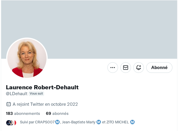 C'est la première fois que je fais une telle demande, mais si vous pouviez donner de la visibilité à <a href="/LDehault/">Laurence Robert-Dehault</a> ce serait sympa.
Laurence est députée RN dans la 2ᵉ circonscription de la Haute-Marne.
Merci.
<a href="/Ad_Vitam44_/">✞✟† 🅰️d Vitam 🐓🪢</a>
<a href="/GaucheMafia/">LaGaucheMafia 🌿Ⓡ🎗Ⓩ🌿 @TeamPatriotes🇨🇵</a>
<a href="/JuniorGuibole/">🇨🇵 Dédé 🇫🇷♿</a>