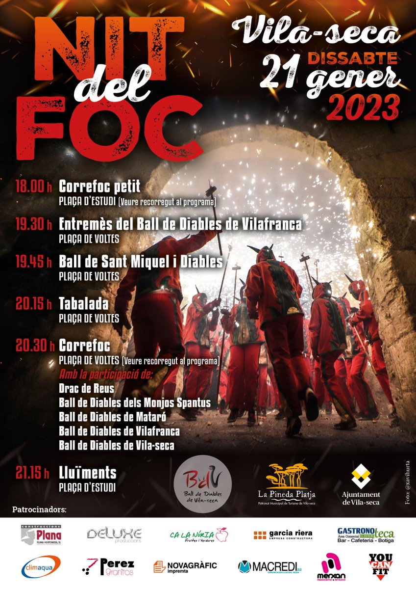 diablesvilaseca's tweet photo. 21/01/2023 - NIT DEL FOC A VILA-SECA

Correfoc amb: 
 🔥Drac de Reus
 🔥Ball de Diables dels Monjos Spantus
 🔥Ball de Diables de Mataró
 🔥Ball de Diables de Vilafranca
 🔥Ball de Diables de Vila-seca

No t’ho perdis💥‼️ https://t.co/jcEXJC8Kei