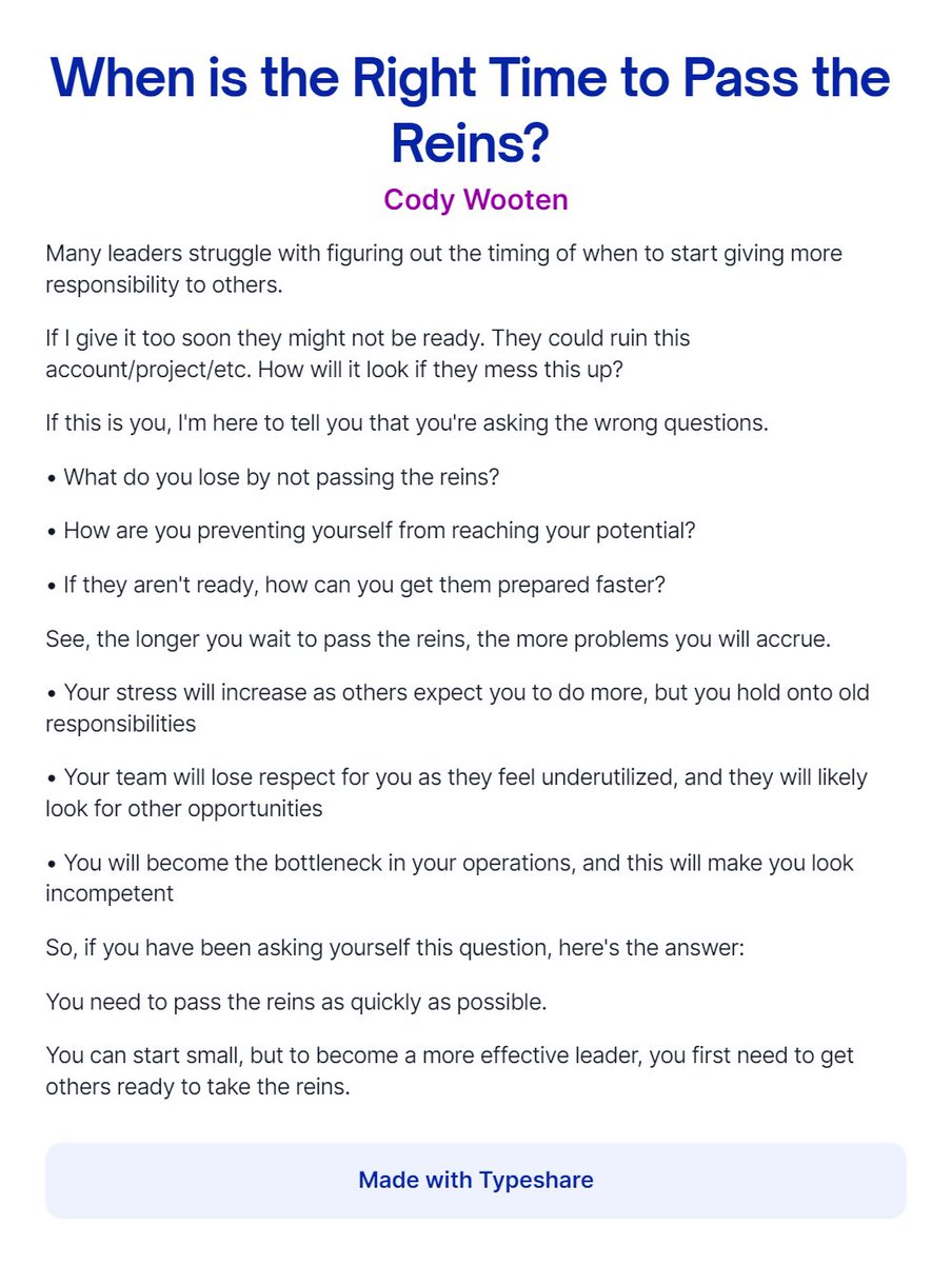 YourGuideCody's tweet photo. When is the Right Time to Pass the Reins?
The sooner you understand the answer to this, the sooner you can exponentially grow your leadership.
#PassTheReins #Empowerment #Leadership #LegendaryLeadership #TheyAreReady #WrongQuestion https://t.co/IxEz8v03Fr