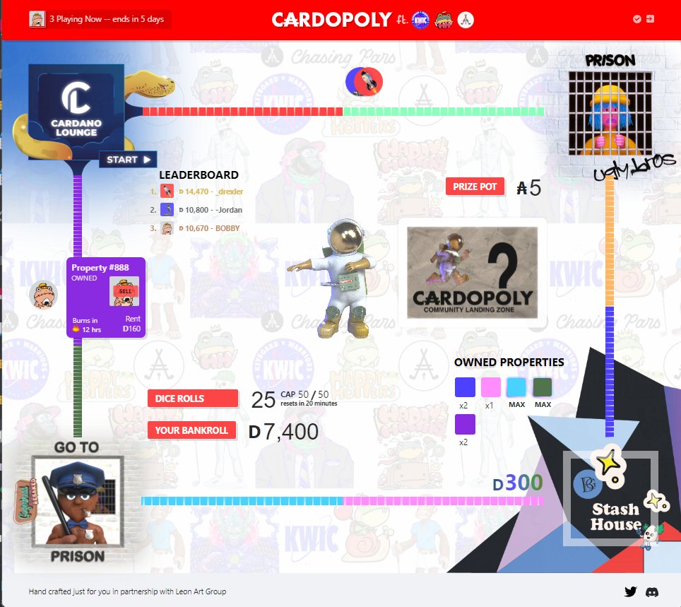 🚨GAME IS SET🚨

Do you own one of these NFT's Below?
<a href="/KeyboardWIC/">KWIC - Keyboard Warriors Internet Cafe</a> 
<a href="/HappyHoppersNFT/">Happy Hoppers Club 🐸</a> 
<a href="/chasingpars/">⛳️🏌️‍♂️ NFTs | Chasing Pars</a> 

You are officially Challenged to compete on the Cardopoly Game Board 🎲🎲

Jan 8th 12 PM EST Start. Jan 12th 12pm EST Finish.

Top 25 Take ALL!

How to register &amp; play ? 👇
