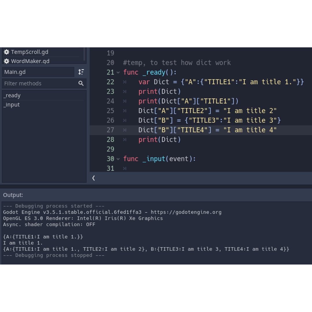 breezybyte's tweet photo. Hey, uhm.. I’m posting again after a long while 👽 The image shows how dictionary works in #Godot , mostly as a reminder for myself. If you find it useful, help yourself, try it in your game!
#gamedev #IndieGameDev #gamingcommunity #programming #WIP https://t.co/gGE9XkbEF2
