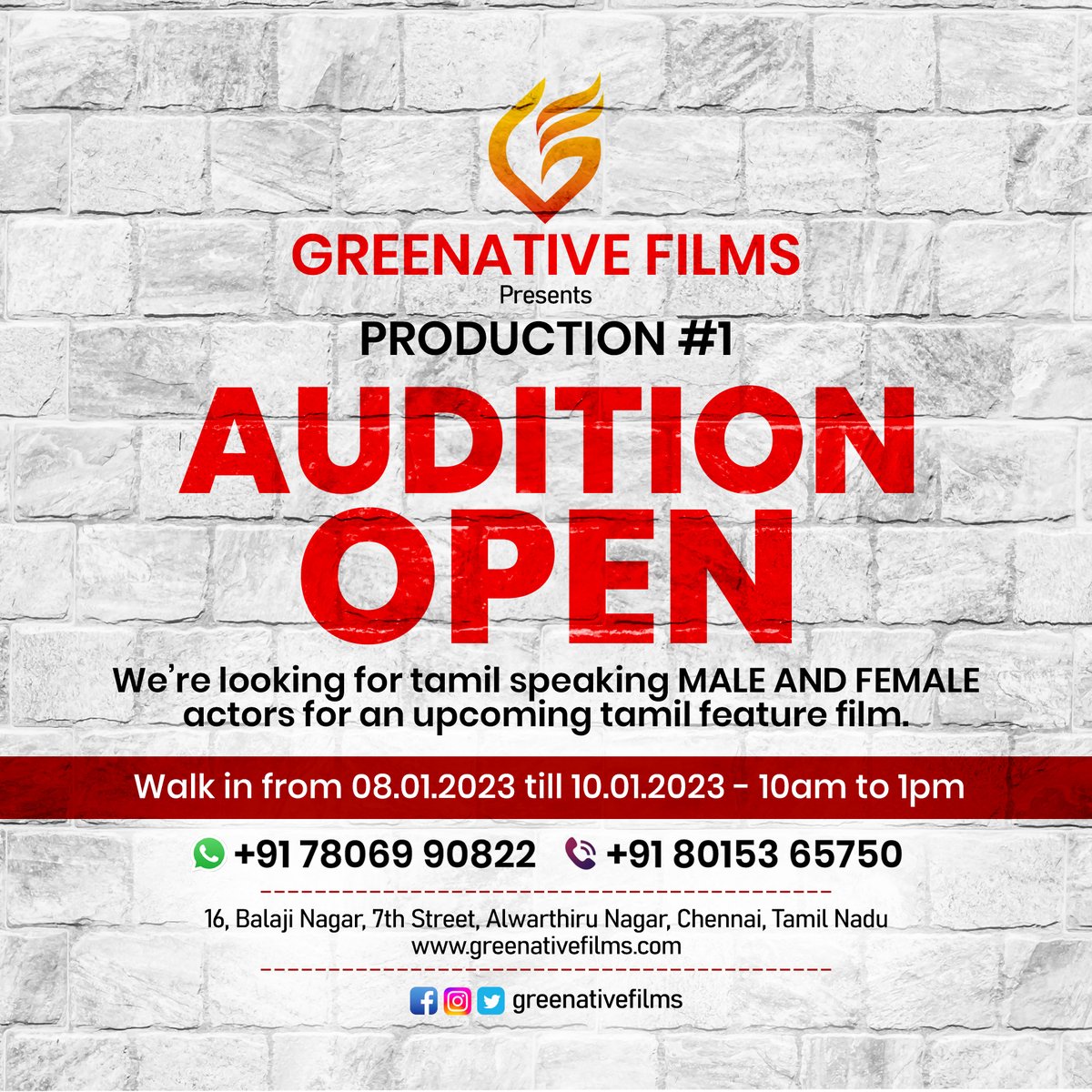 Greenativefilms's tweet photo. AUDITION OPEN
#greenativefilms

We're looking for tamil speaking MALE and FEMALE actors for an upcoming tamil feature film.

More Details:
💬 7806990822
📞 8015365750

📍 Location:
16, Balaji Nagar, 7th Street, Alwarthiru Nagar, Chennai, TN - 600087 https://t.co/IhYTYYHOss