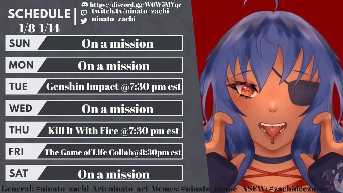 Ninato_Zachi's tweet photo. The streaming schedule for next week! Fun stuff happening 

#VtubersUprising #VtubersEN #VAidoru https://t.co/V61o85UbJJ