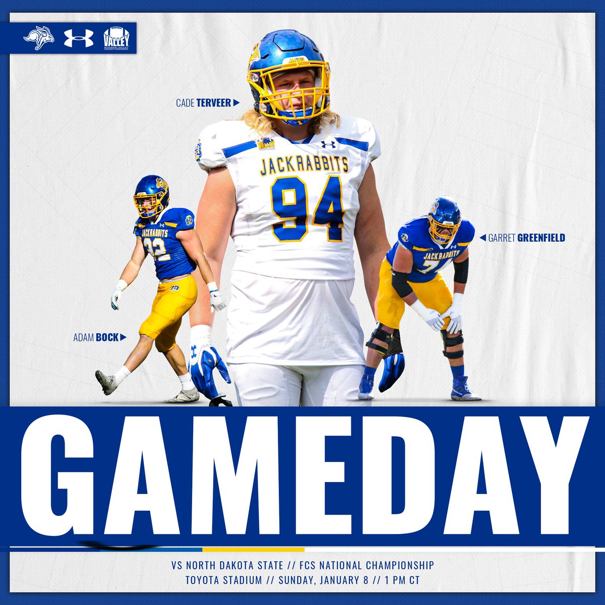 Rise and shine, Jackrabbits! It’s National Championship Sunday!
#GoJacks 🐰🏈

🆚» North Dakota State
⏰» 1 p.m. Central
🏟️» Toyota Stadium | Frisco, Texas
📺» ABC | ESPN+
📻» Jackrabbit Sports Network
📊» NCAA.com