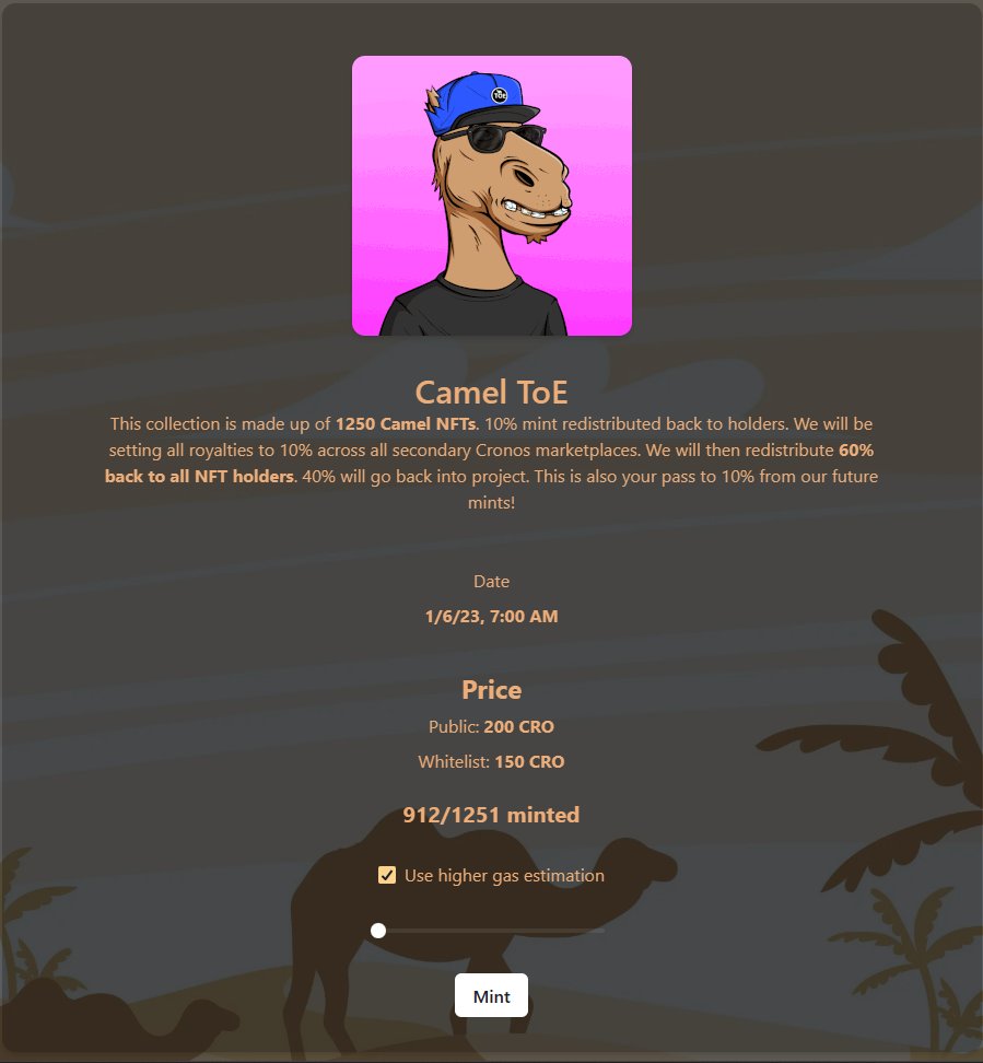 🗣️📢 WE ARE NOW 72.96% MINTED!👀

ONLY 338 LEFT!

Mint here:👇
camel-toe.netlify.app

100 #CRO to someone who likes, retweets and tags 3 #CROFAM  48HRS

#CRO #crofam #CronosNFT #NFT #NFTCommunity #NFTMinting #Crypto #cryptocurrency