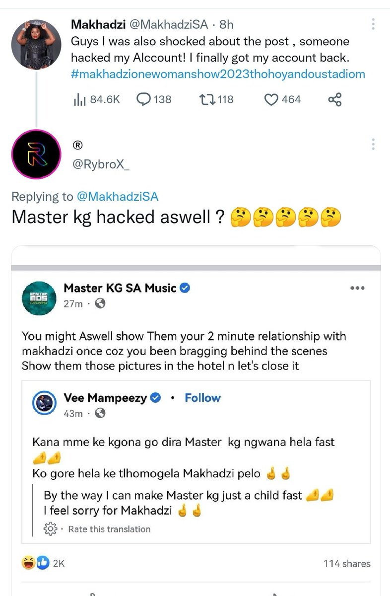 Master KG, Makhadzi and Vee Mampeezy sm accounts, these another marketing stunts trash talking each other orro what.? 🤔 🤔