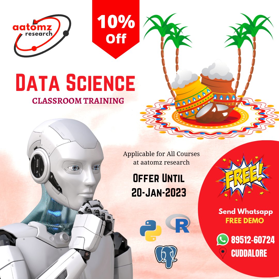 aatomz_research's tweet photo. Avail of the 10% offer on all courses aatomz research. 

#datascience #machinelearning  #dataanalysis #python #rprogram #sql
#aatomz #cuddalore #pondicherry https://t.co/q2fTY9vLcy