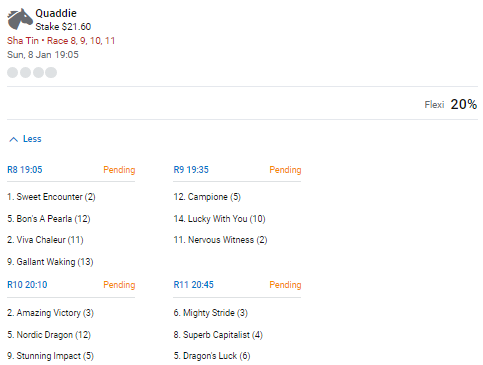 BlaisrBets's tweet image. Sha Tin #quaddie
I just used everything over 15% in my sheet. R9 could maybe use a couple extra like Cordyceps 6 and Super Wealthy but I decided to risk it and have faith in myself 🤣🤞