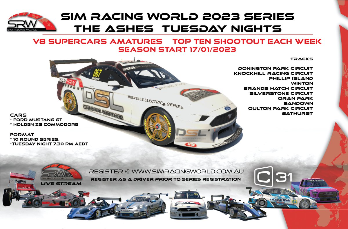 Sim Racing Worlds Super 1 Pro/Am and Super 2 series registration are now open!

This is a pre-qualifying series.

simracingworld.com.au

#iracing #simracing #v8supercars #livebroadcast