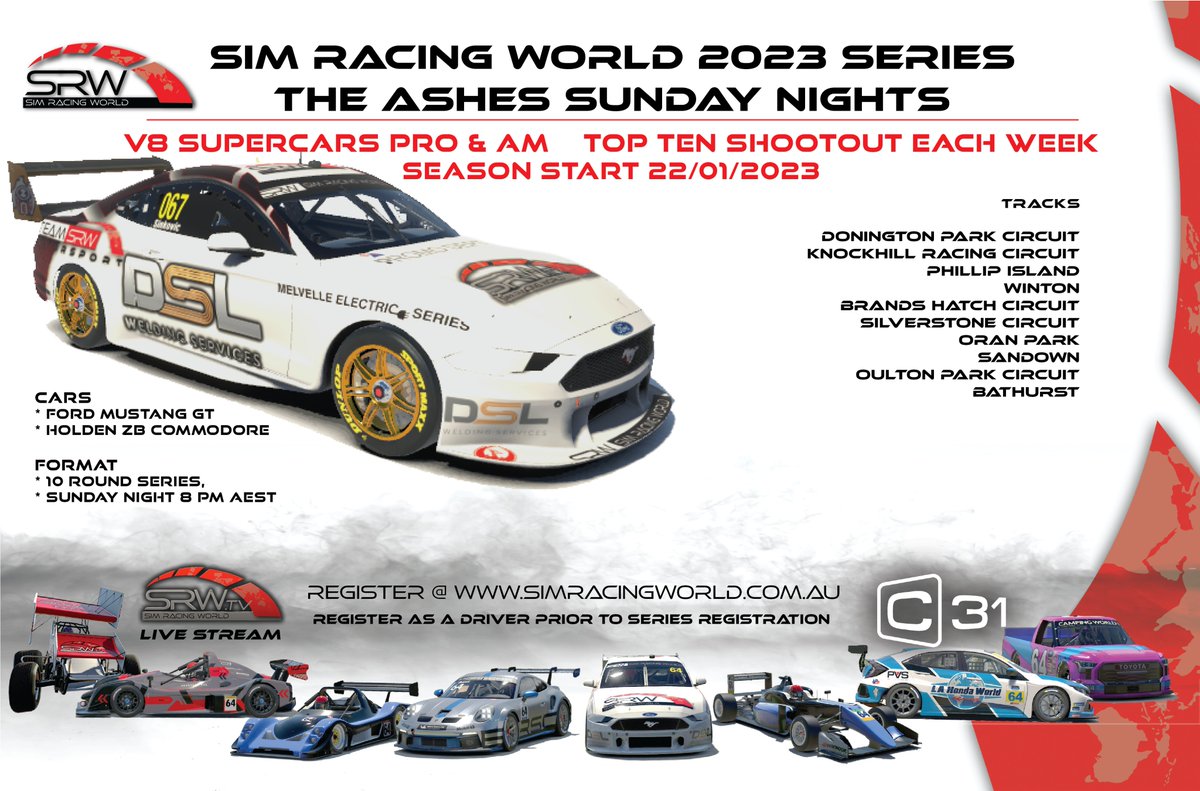 Sim_RacingWorld's tweet photo. Sim Racing Worlds Super 1 Pro/Am and Super 2 series registration are now open!

This is a pre-qualifying series.

https://t.co/r251D9ChGk

#iracing #simracing #v8supercars #livebroadcast https://t.co/aeWnYLSzi6